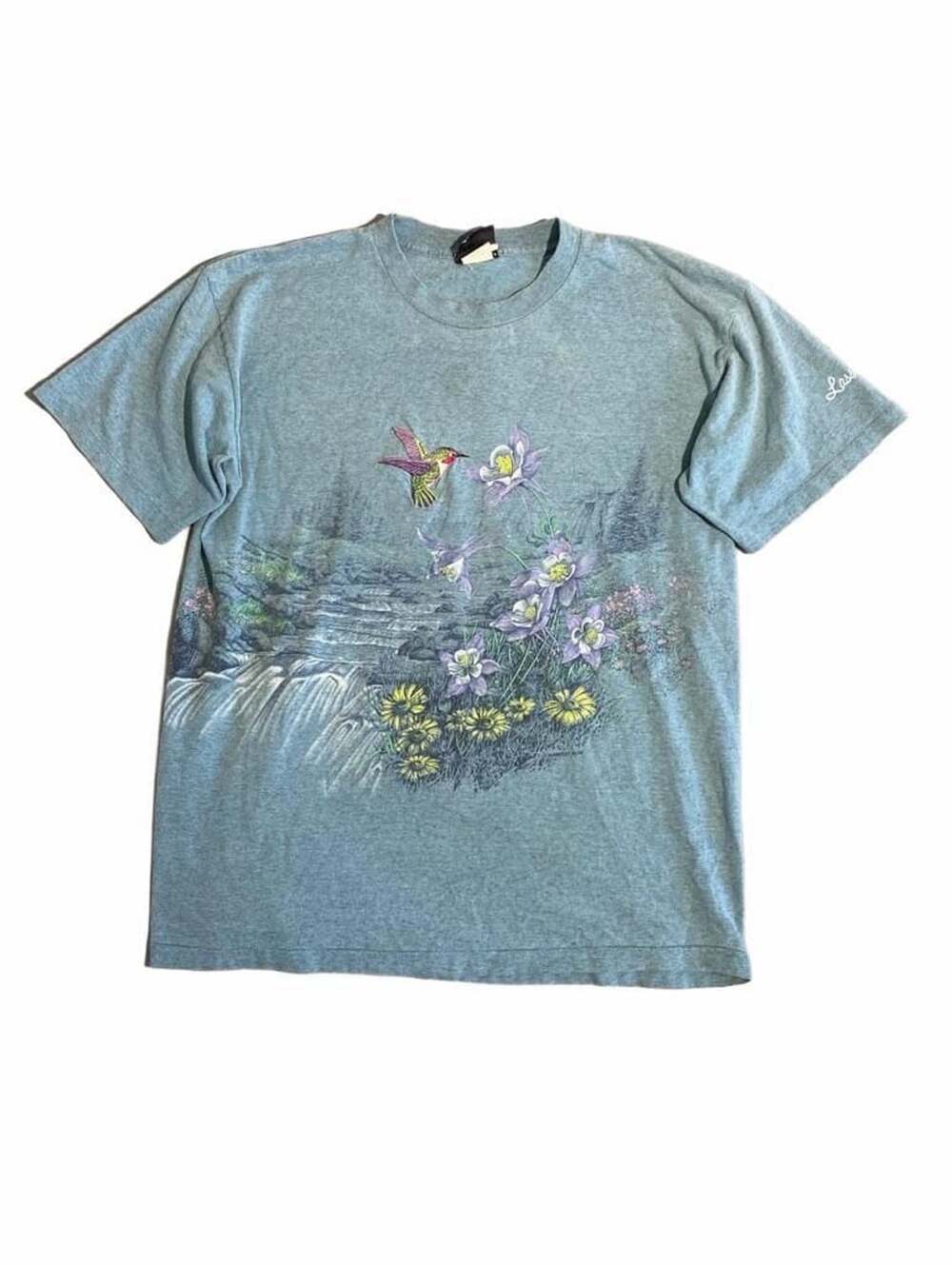 Signal Sport Vintage Hummingbird Flower Graphic T-Shirt Size L Blue
